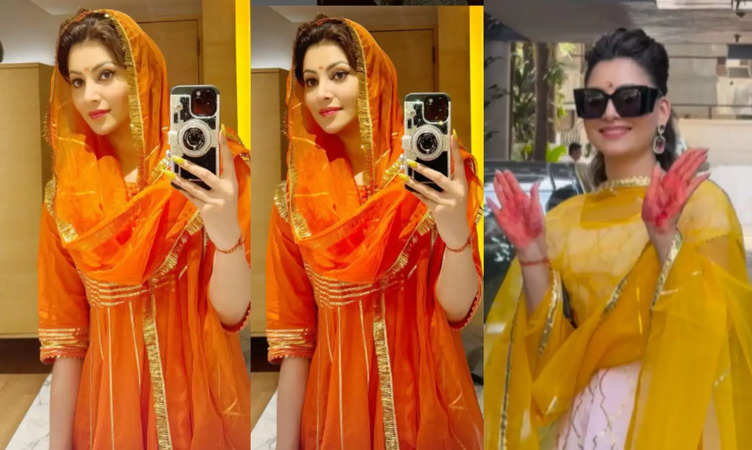 Fans Get Amazed As Urvashi Rautela Radiant Elegance In An Orange Salwar Suit For First Day New House Opening Pooja 