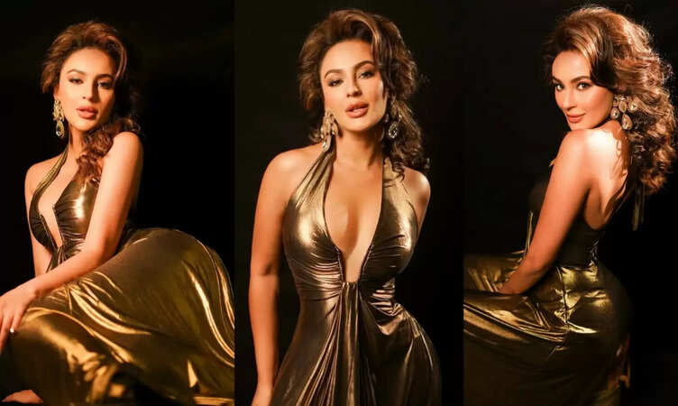 Actress and Model Seerat Kapoor Radiates Pure Celestial Queen Energy in a Golden Halter- Deep Plunging Neckline Dress — A Steal for Every Fashionista!