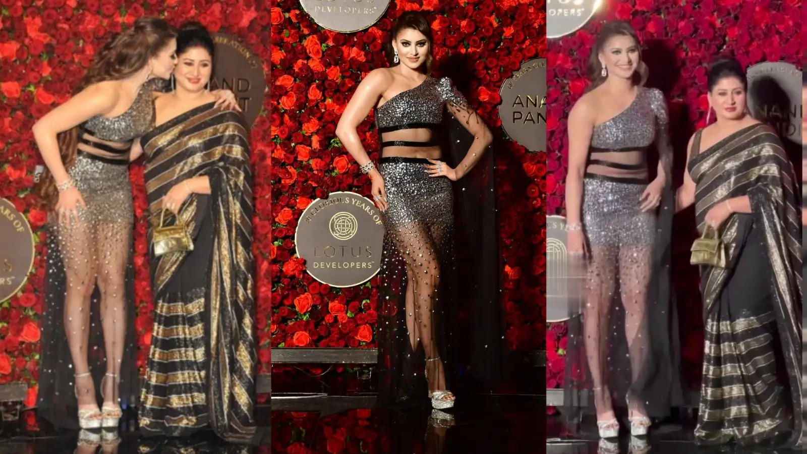 Urvashi Rautela Shines bright like a Diamond in Gunika Mehra's 95,000Rs Outfit Plants a Peck On Her Mother Meera Rautela As The Duo Graces Anand Pandit's 60th Birthday Bash 